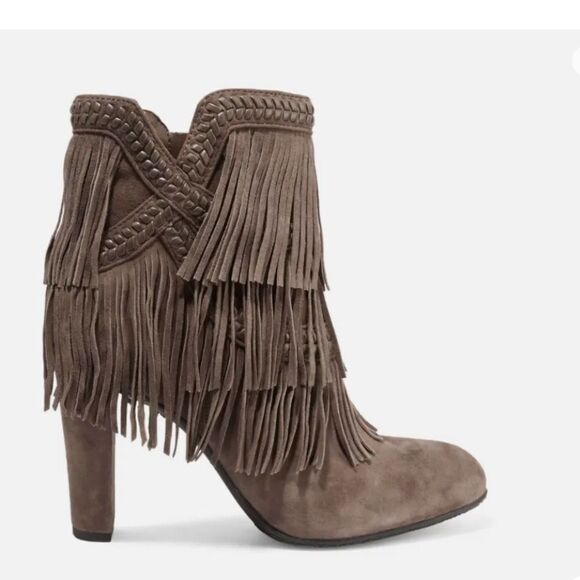 Women’s SAM EDELMAN Kaleb Taupe HEELED FRINGE Bootie Size 8 - Picture 4 of 9